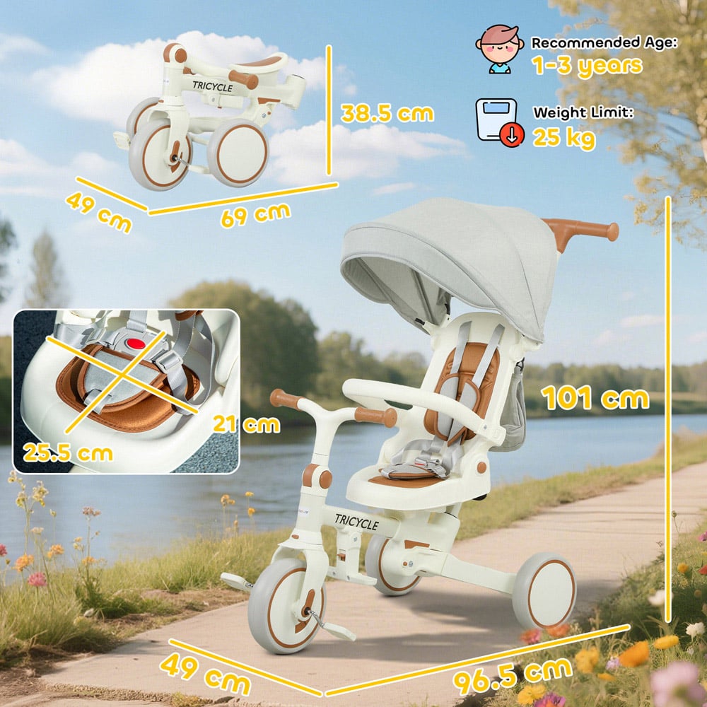 Tommy Toys 5-in-1 Toddler Cream White 5 Point Harness Foldable Trike with Parent Handle Image 9