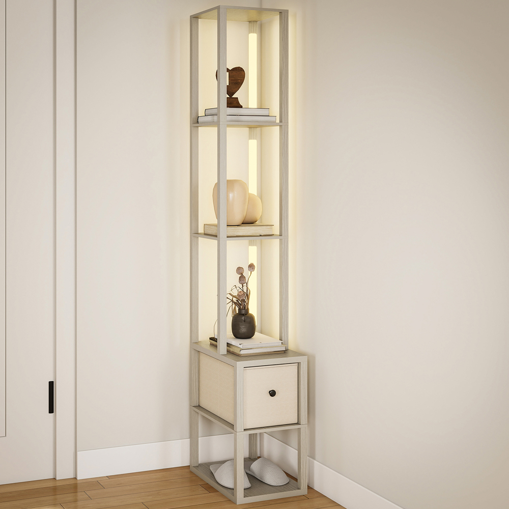 HOMCOM Single Drawer 4 Shelf Oak LED Floor Lamp Image 2