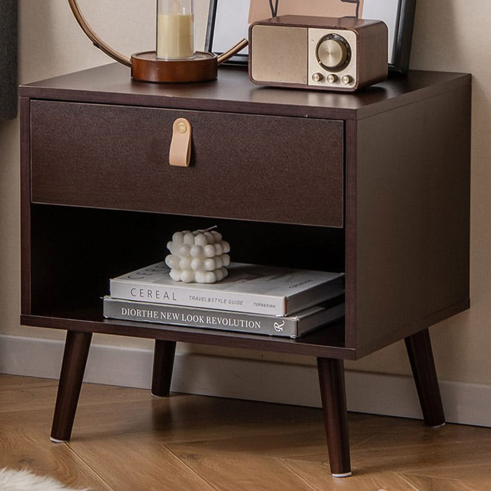 Costway 3 Shelf Brown Mid-Century End Table with Open Storage Shelf Image 1