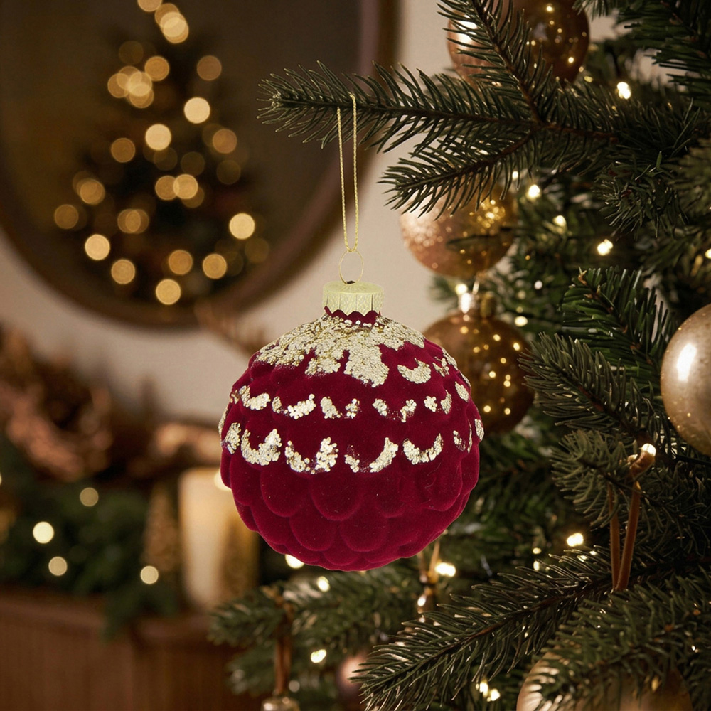 Layered Flocked Bauble Burgundy Image 2