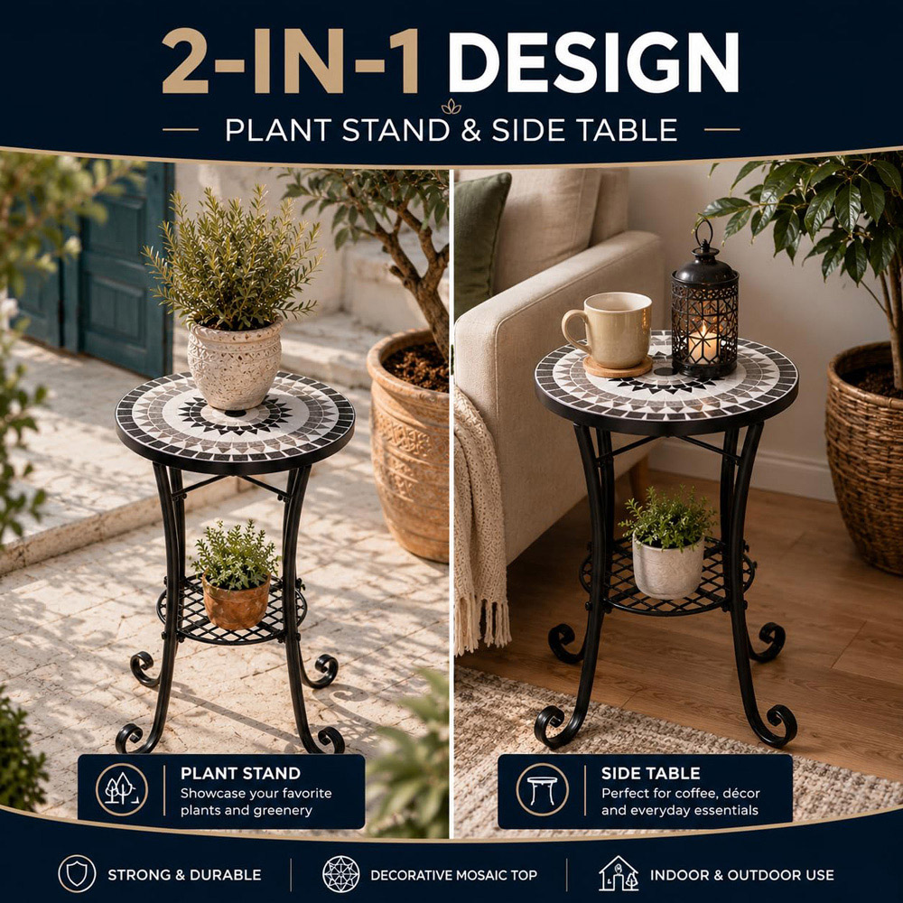 Shatchi Medina 2-in-1 Single Shelf Mosaic Ceramic Tile Top Plant Stand Side Table Image 8