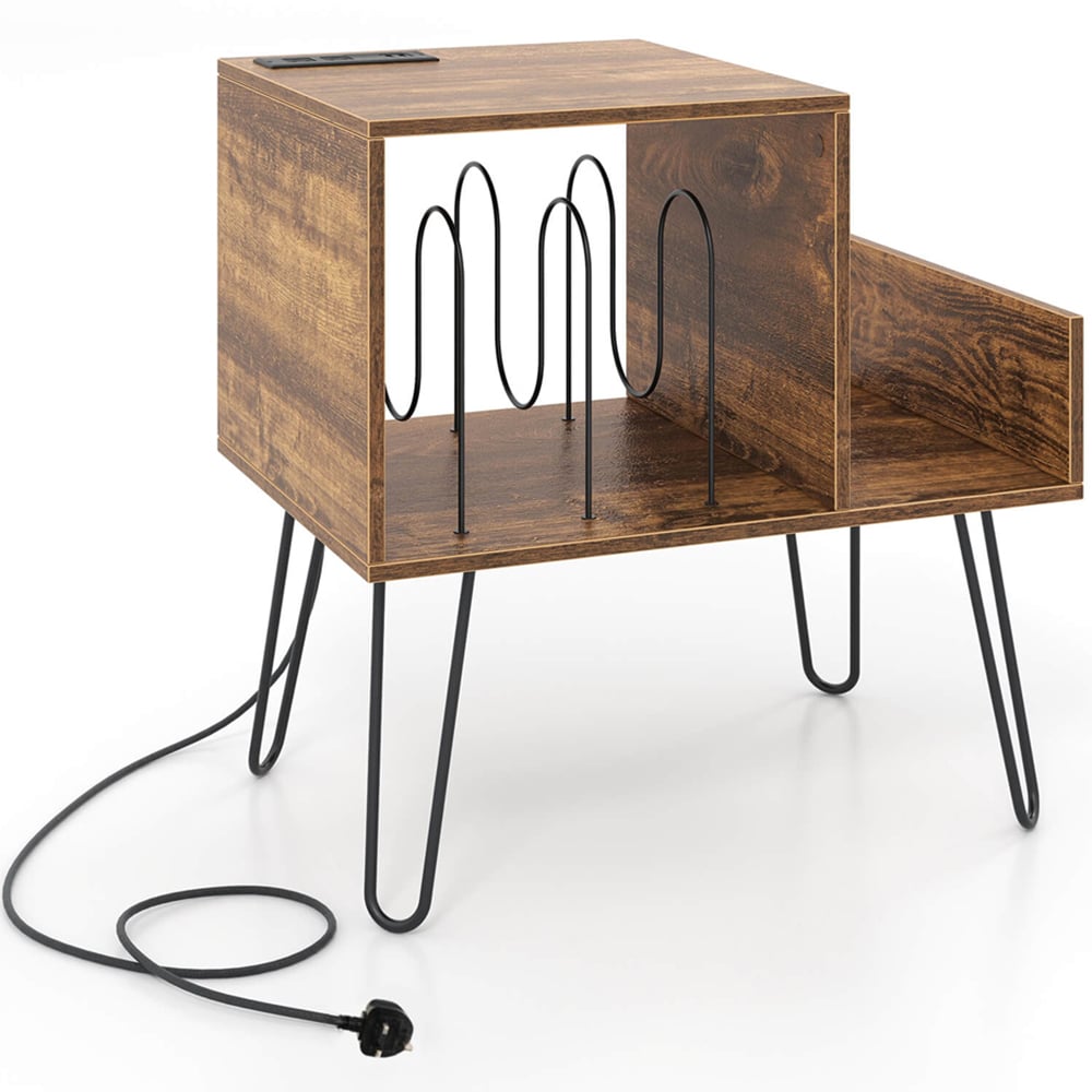 Costway Rustic Brown Record Player Stand with Power Outlet and Removable Dividers Image 2
