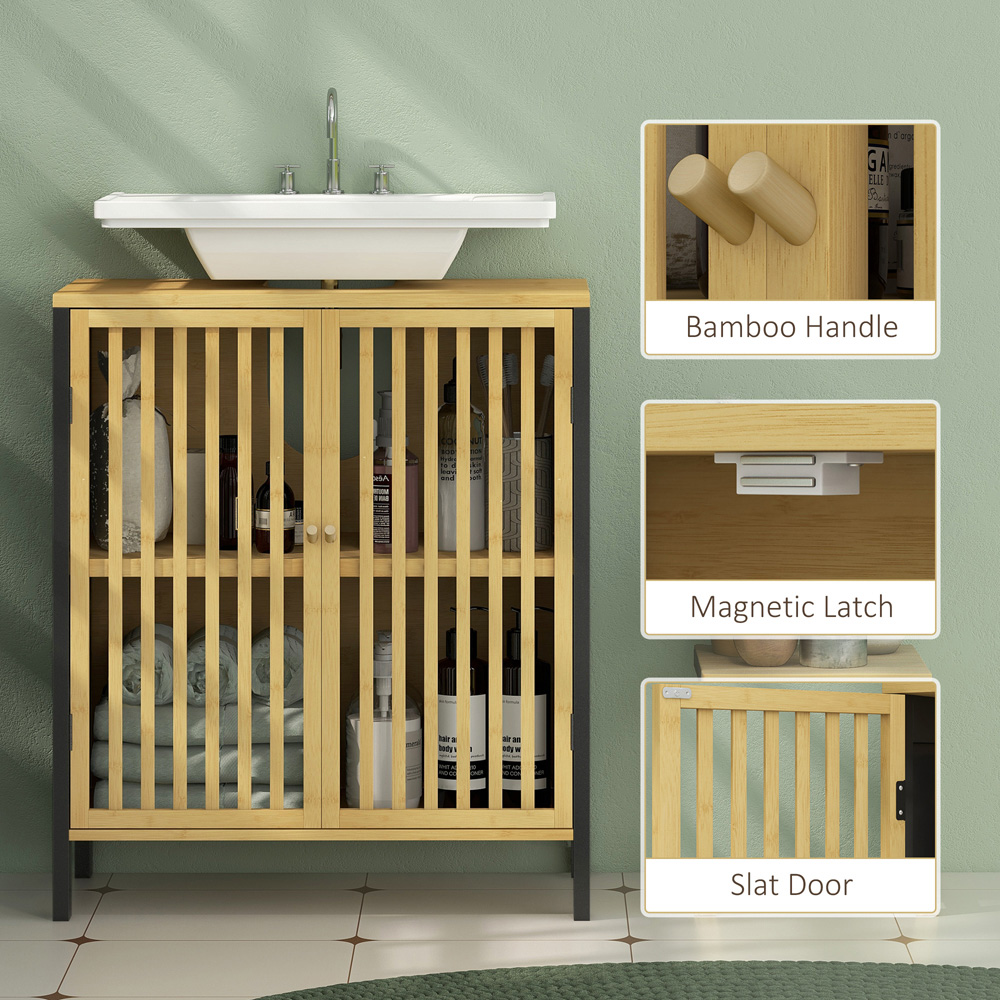 HOMCOM 2 Door Bamboo Slated Under Sink Bathroom Cabinet Image 5