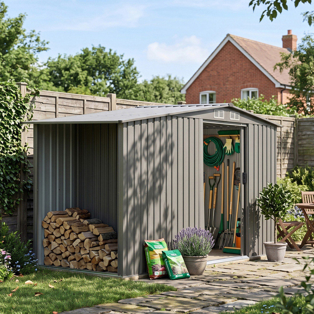 Living and Home 4 x 8ft Grey Aluminium Apex Garden Shed with Log Storage Image 2