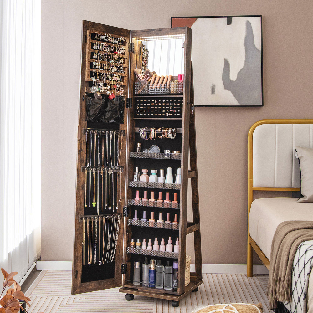 Costway Rustic Brown Lockable Jewellery Cabinet with Built-in LED Lighted Mirror Image 2