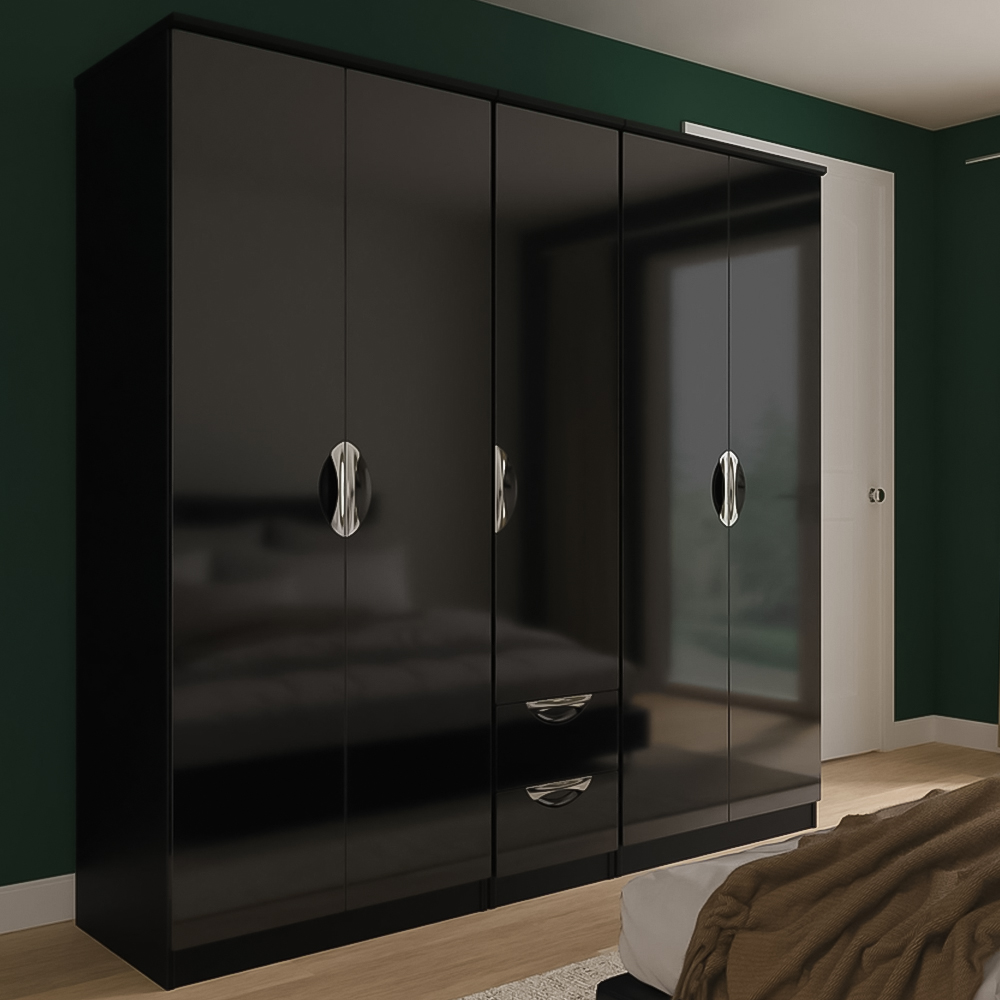Crowndale Camden 5 Door 2 Drawer Black Gloss and Black Wardrobe Ready Assembled Image 1