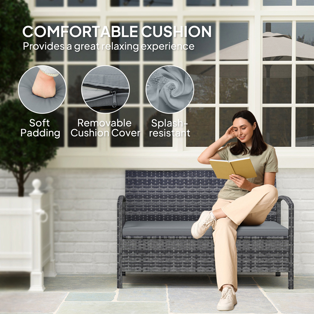 Outsunny 2 Seater Grey Rattan Storage Garden Bench Image 6