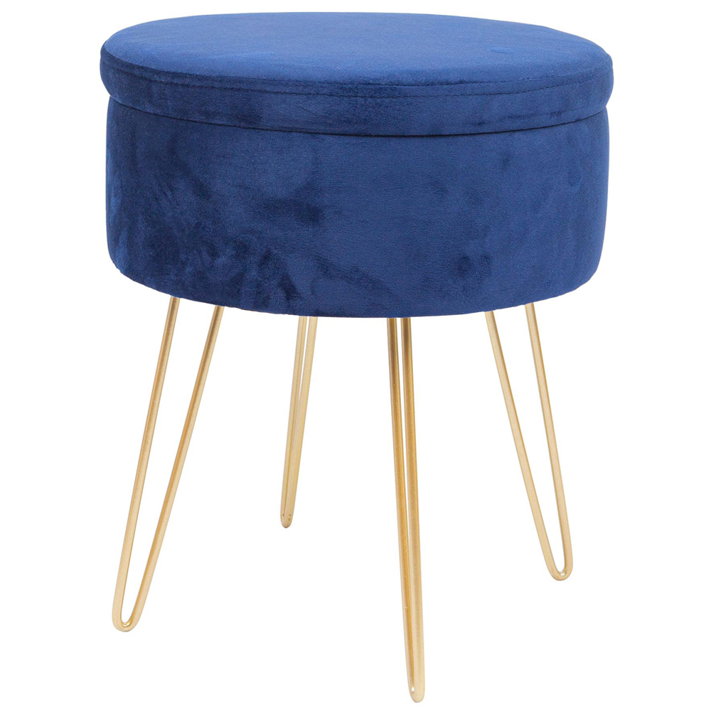 Harbour Housewares Blue and Gold Velvet Round Footstool with Storage Image 2