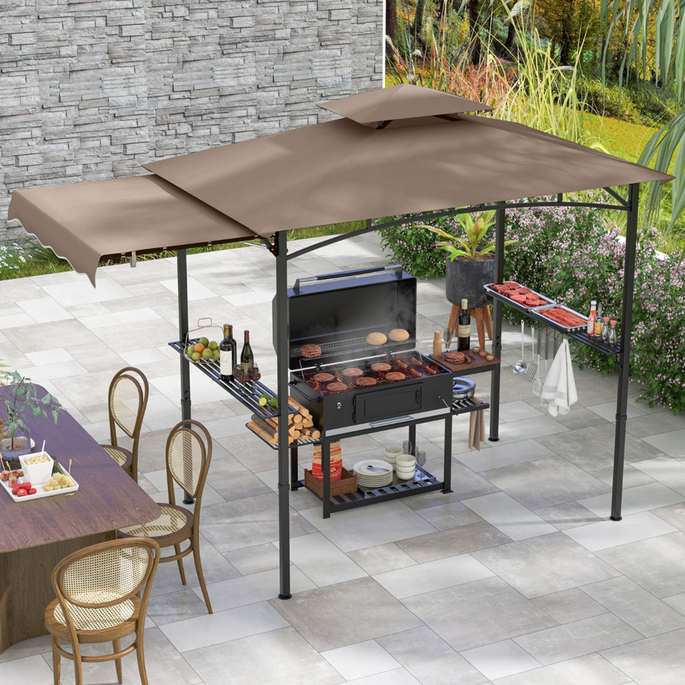 Costway Brown Barbecue Canopy Tent Grill Gazebo with Side Awning Image 1