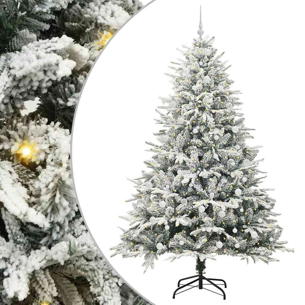 vidaXL 300 LED Pre-Lit White Baubles Green Artificial Snow Flocked Christmas Tree 8ft Image 2