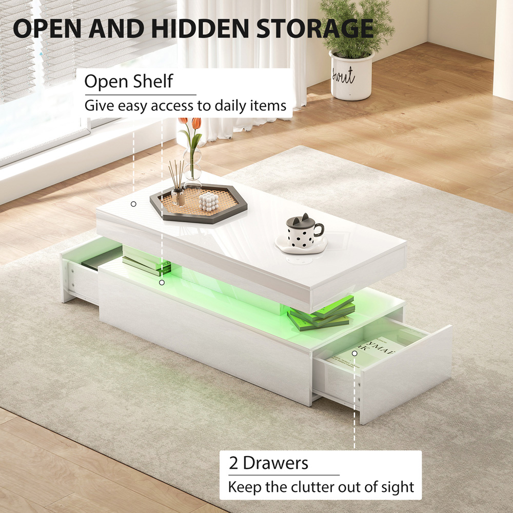 HOMCOM White High Gloss LED Coffee Table with Storage Image 7
