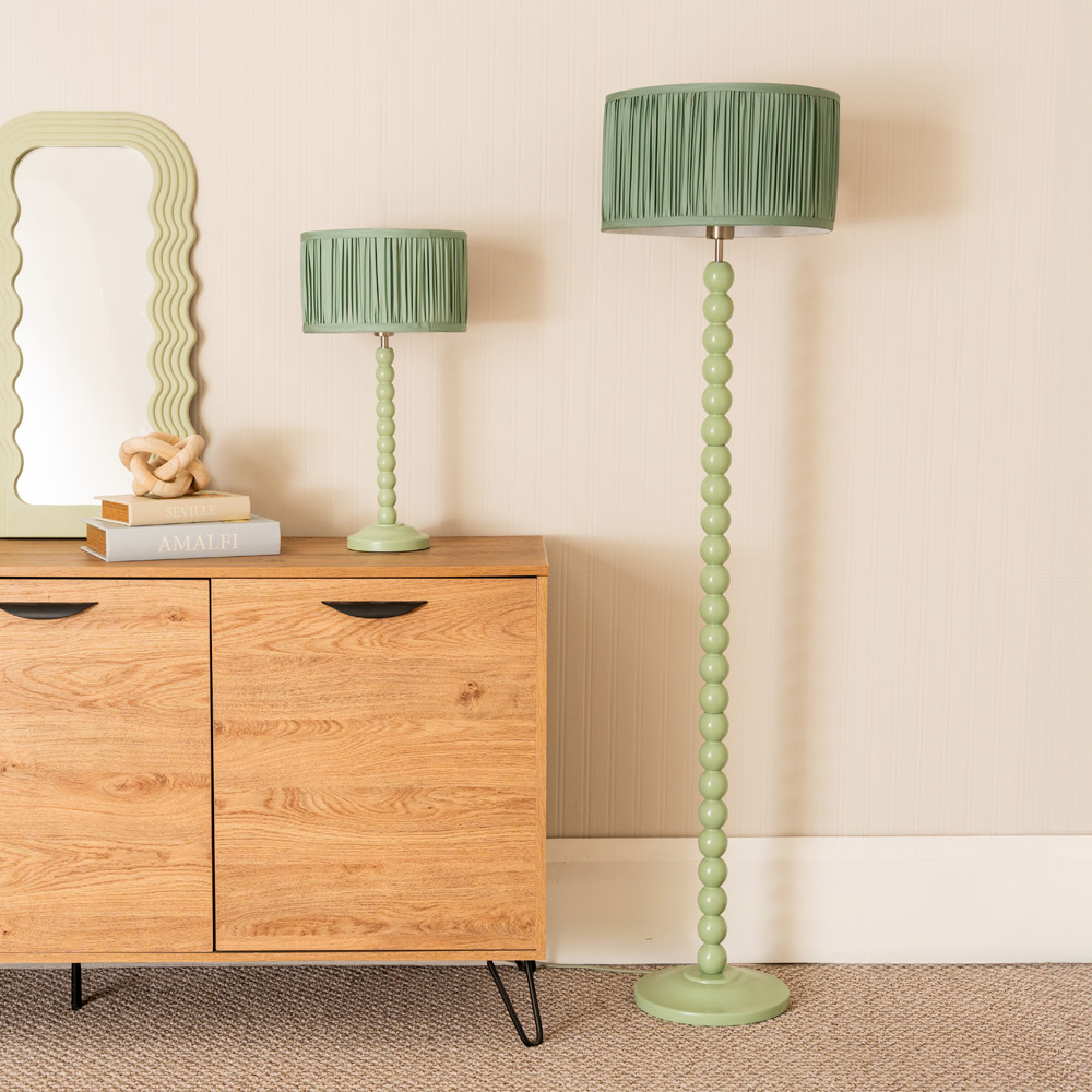 ValueLights Bobbins Ruched Pleated Green Drum Shade Sage Green LED Floor Lamp Image 3