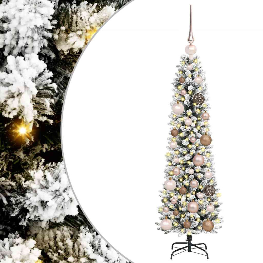 vidaXL Pre-Lit Rose Gold Baubles Artificial Snow Flocked Christmas Tree 4ft Image 2
