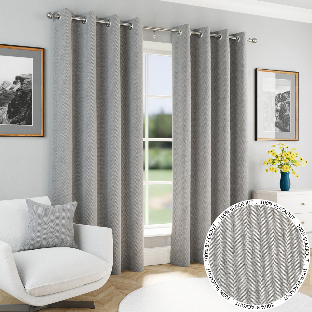 Enhanced Living Grey Herringbone Blackout Eyelet Thermal Curtains 229 x 229cm Image 1