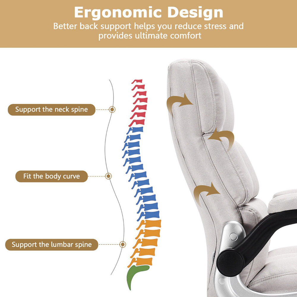 Costway Beige Linen Upholstered Adjustable Ergonomic Office Chair Image 6