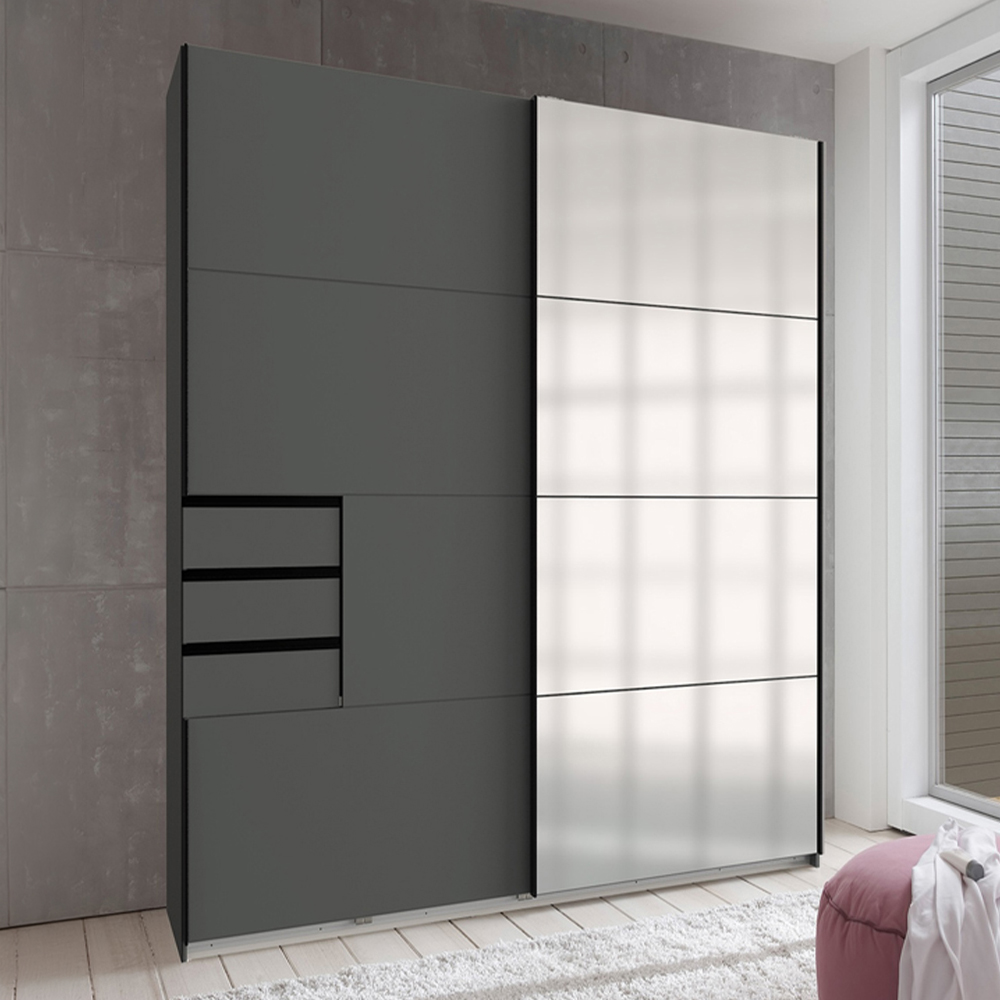 TJ'S Saigon 3-Section Graphite Mirrored Sliding Wardrobe Image 1