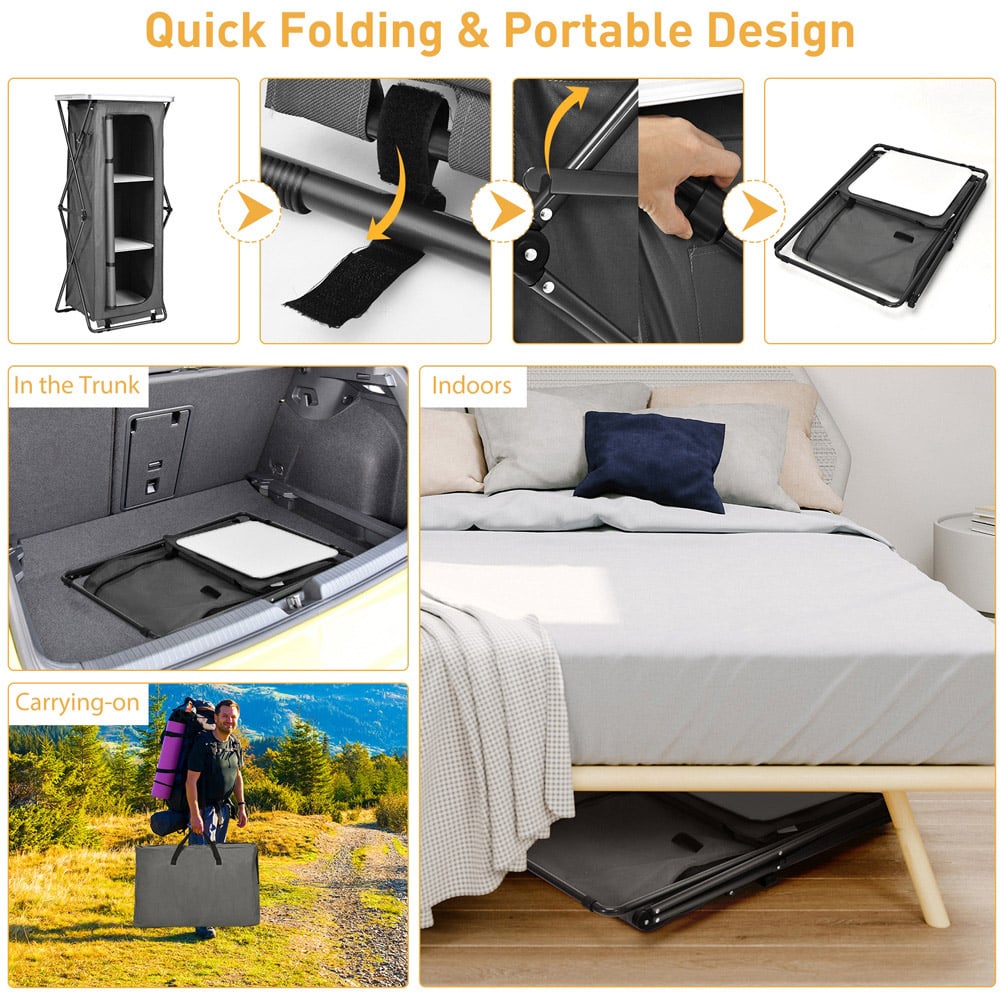 Costway 3 Shelf Grey Foldable Camping Storage Cabinet with Carry Bag Image 7