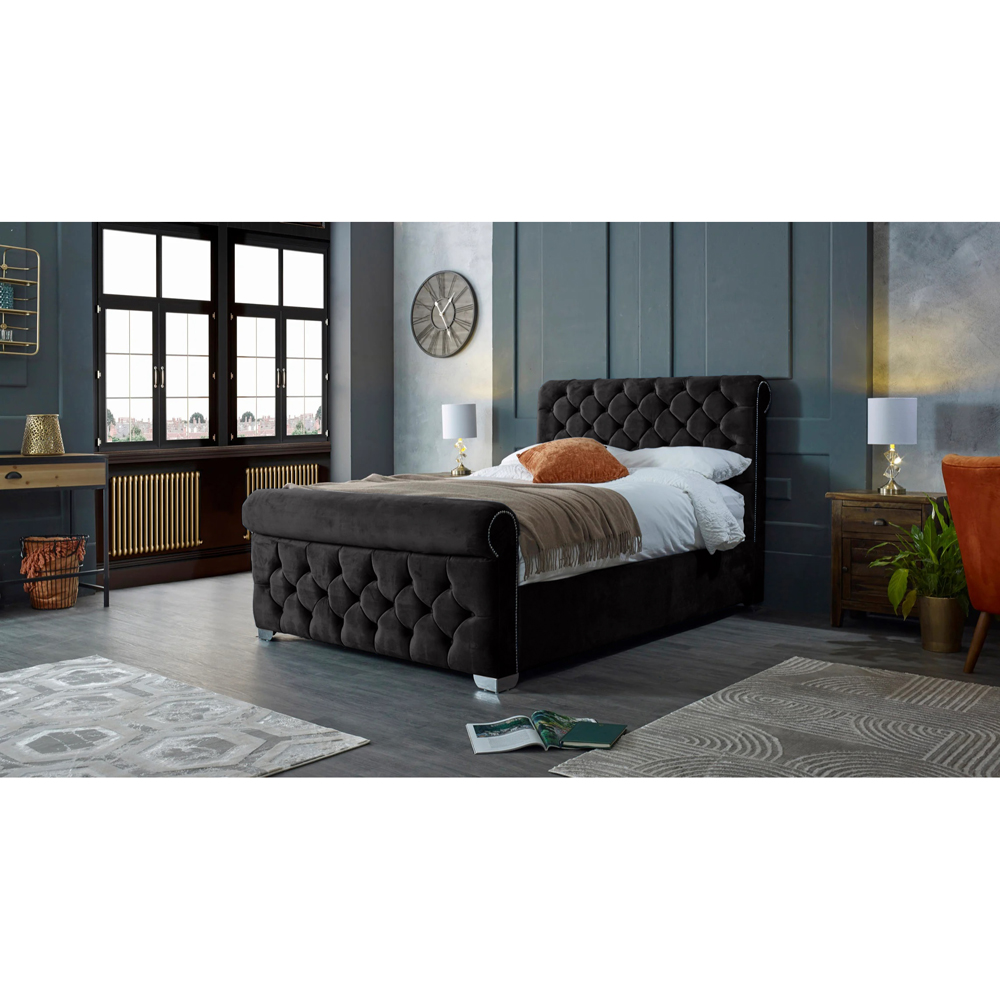 Eleganza Home Veneta King Size Black Plush Velvet Bed Frame with Chesterfield Headboard Image 4