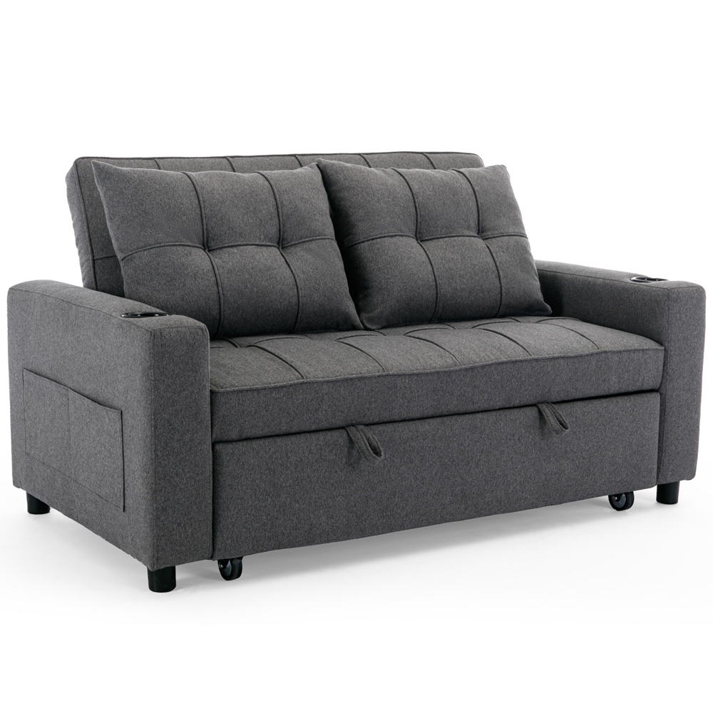Furniture Online Hudson 2 Seater Grey Linen Sofa Bed Cupholder Image 2