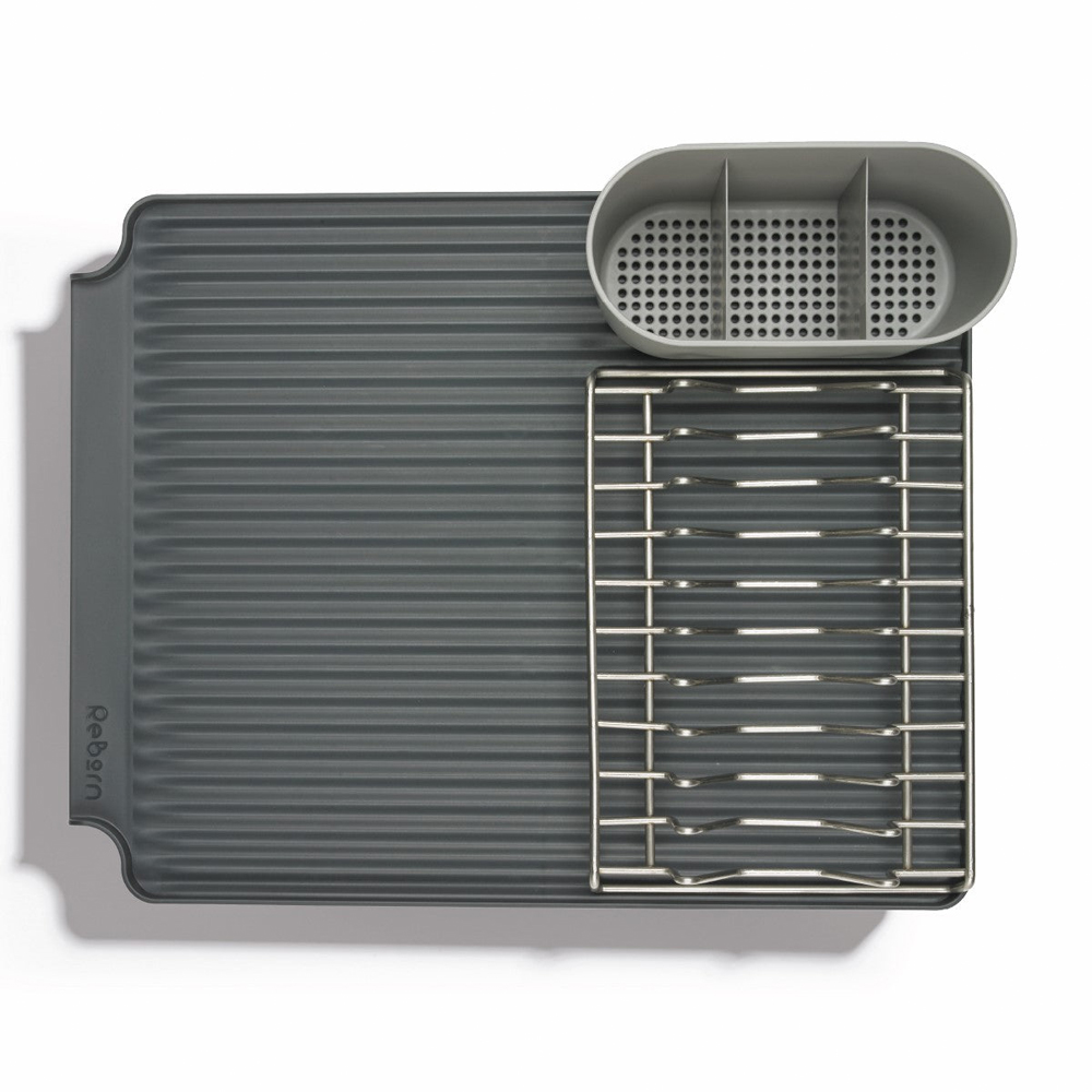 ReBorn Dark Grey Large Kitchen Draining Rack with Cutlery Holder Image 4