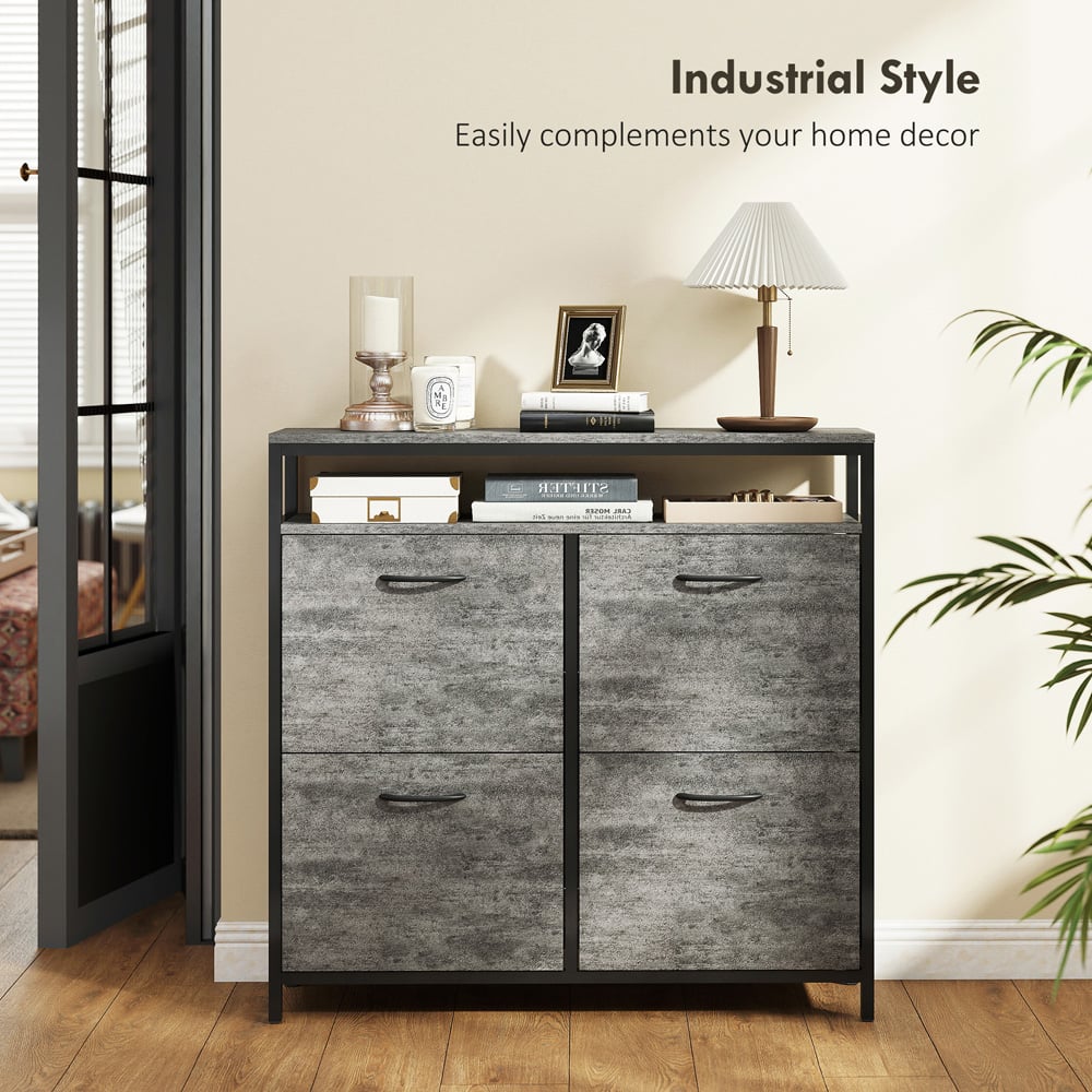 HOMCOM 4 Flip Down Drawer Single Shelf Cement Grey Shoe Cabinet Image 7