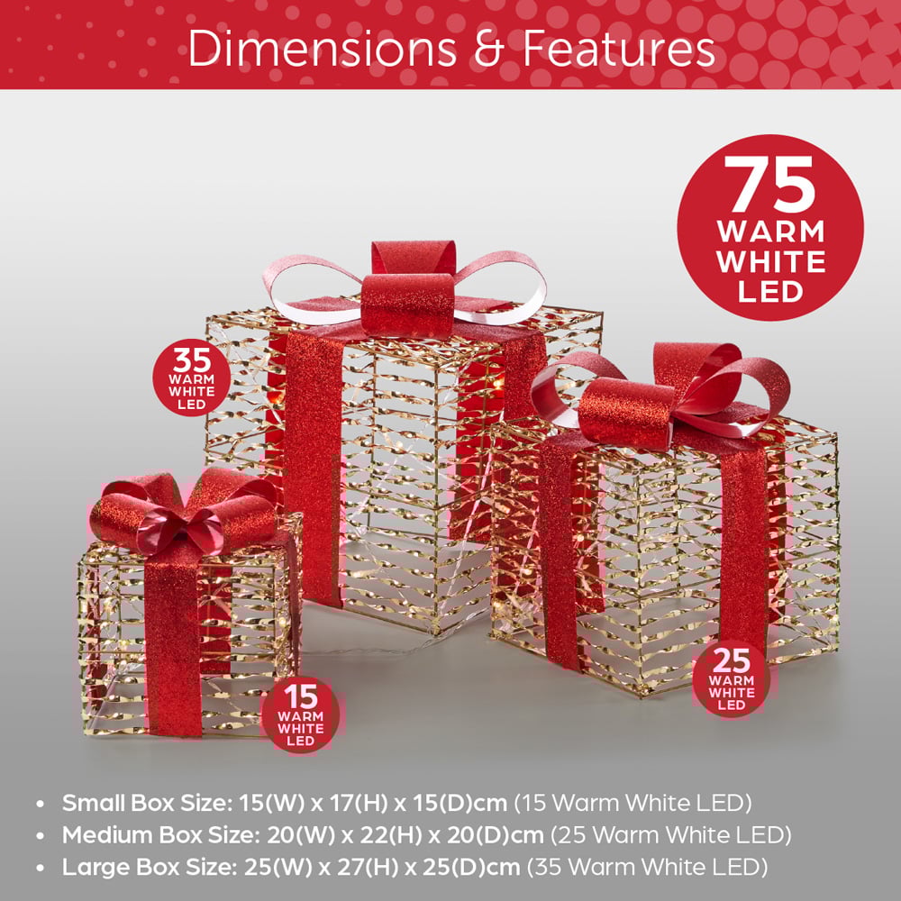 The Christmas Workshop 75 Warm White LED Gold and Red Gift Box Decoration Set of 3 Image 9