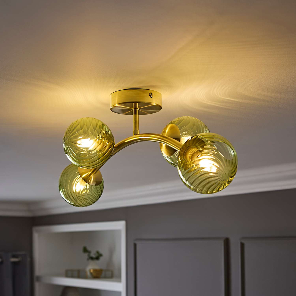 ValueLights Sydney Brushed Gold 4-Arm Ceiling Light with Swirl Glass Shade and Bulb Image 6