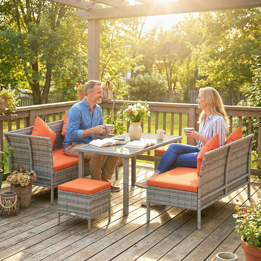 Outsunny 6 Seater Orange PE Rattan Corner Garden Dining Sofa Set Image 3