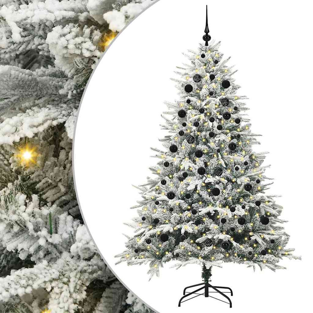 vidaXL 300 LED Pre-Lit Black Baubles Green Artificial Snow Flocked Christmas Tree 7ft Image 2