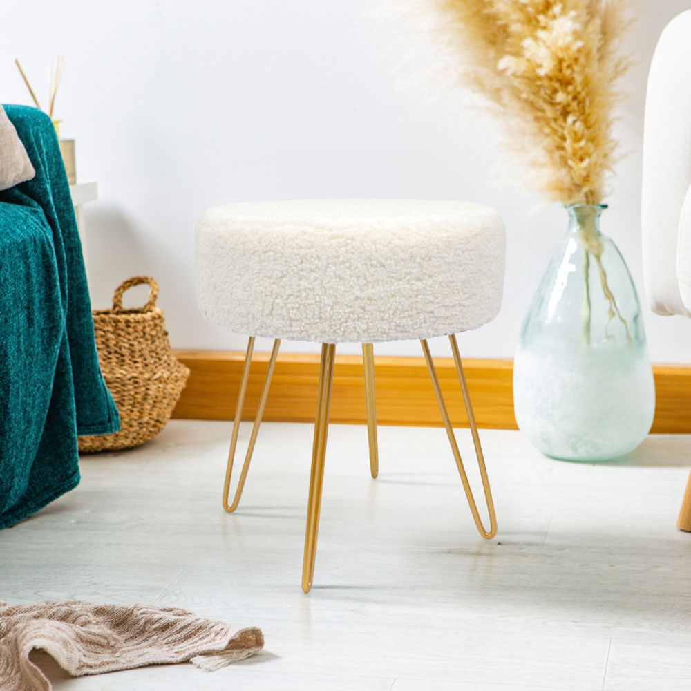 Harbour Housewares Cream and Gold Boucle Round Footstool with Storage Image 5