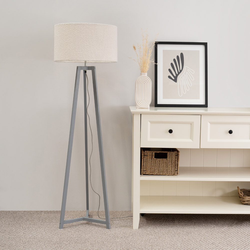 ValueLights Lottie Cream Boucle Drum Shade Grey Wood Tripod LED Floor Lamp Image 3