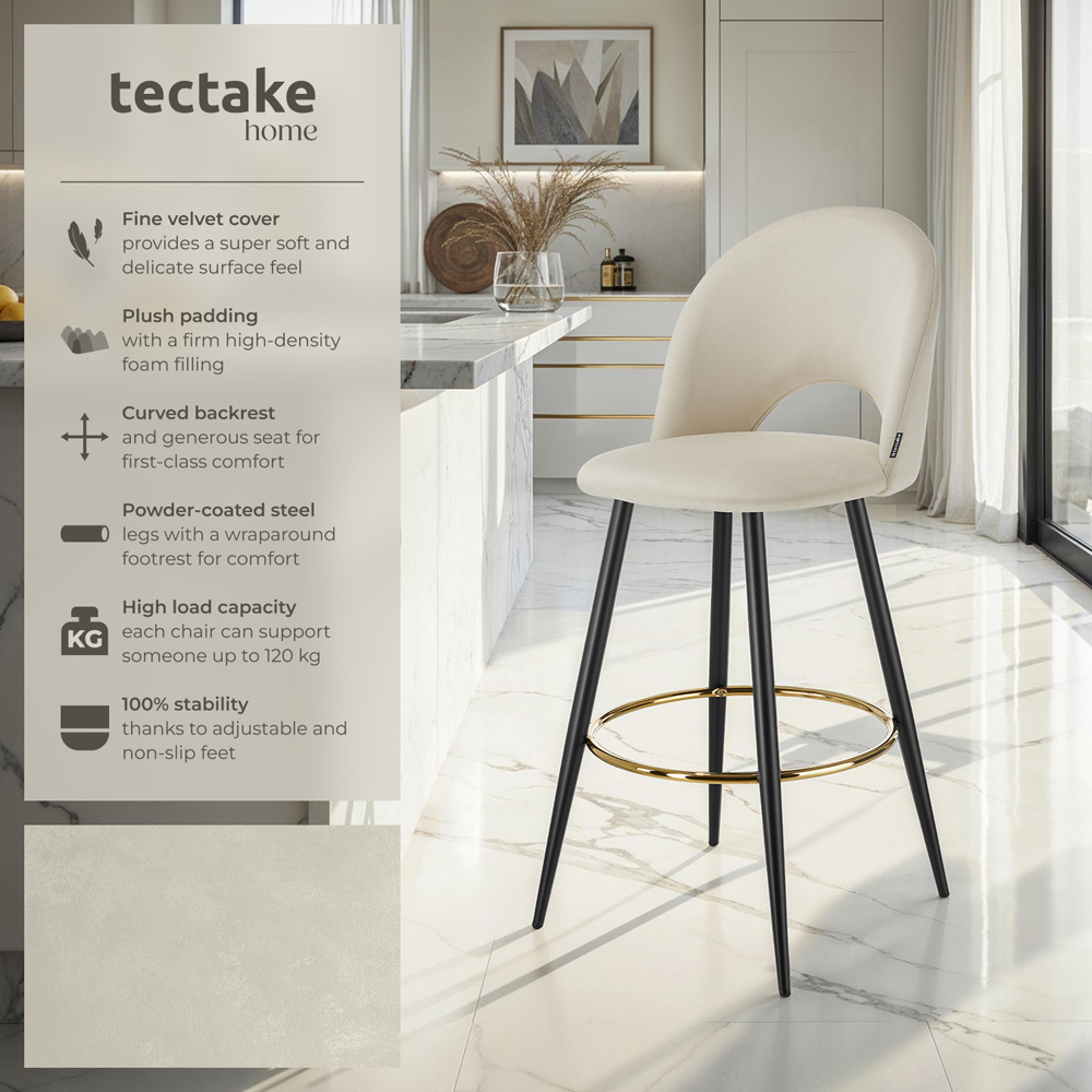 tectake Rachel Cream and Black Velvet Look Bar Stool Set of 6 Image 7