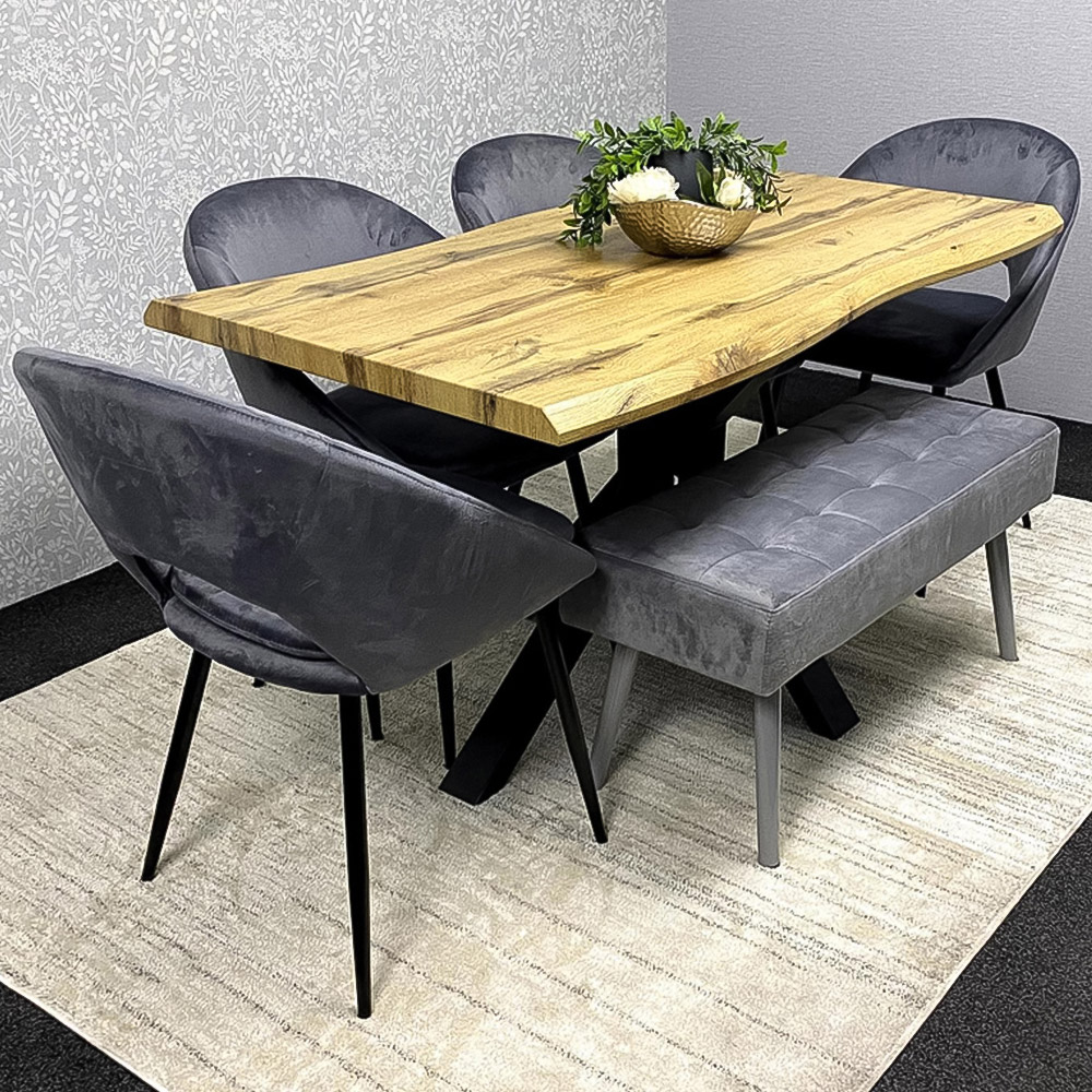 Kosy Koala 6 Seater Wood and Velvet Dining Table Set with Bench Grey Image 1