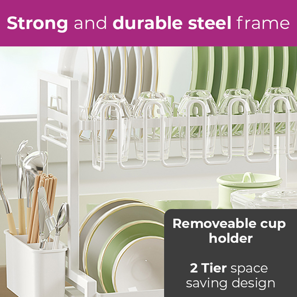 Neo 2 Tier White Large Dish Drying Rack with Drip Tray Image 6