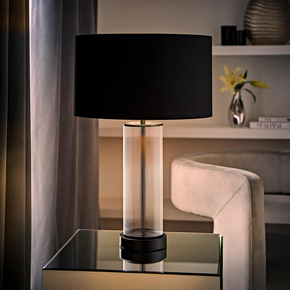 ValueLights Calin Black and Gold Shade Matte Black Ribbed Glass Table Lamp with Bulb Image 2