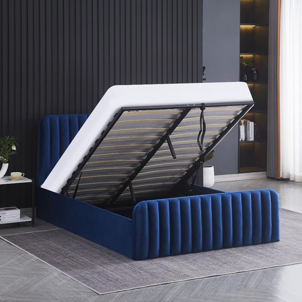 Portland Wave Double Blue Velvet Ottoman Bed with Mattress Image 2