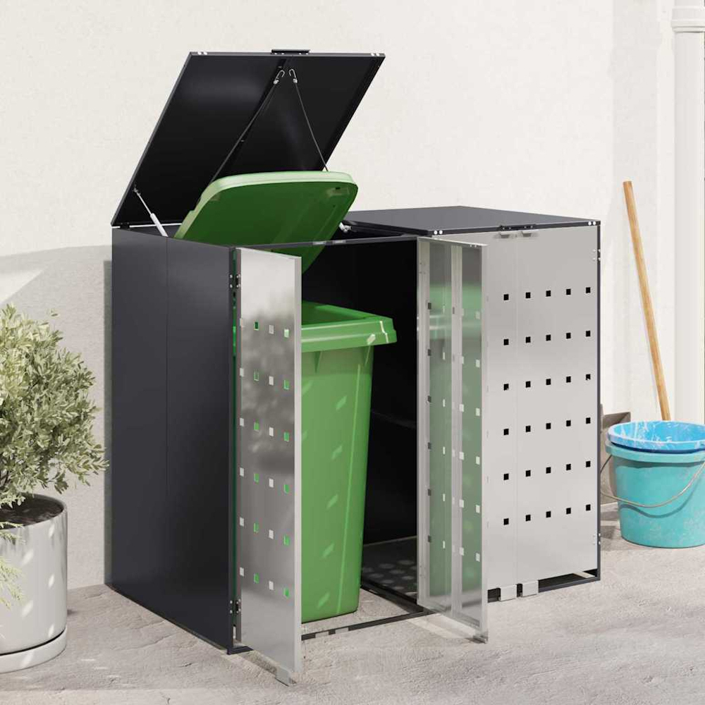 vidaXL Anthracite 2 Wheelie Bin Storage Shed with Stainless Steel Door Image 2