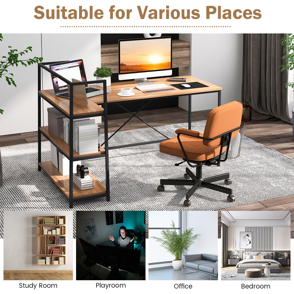 Costway 3 Shelf Reversible L-Shaped Computer Desk Walnut Image 8