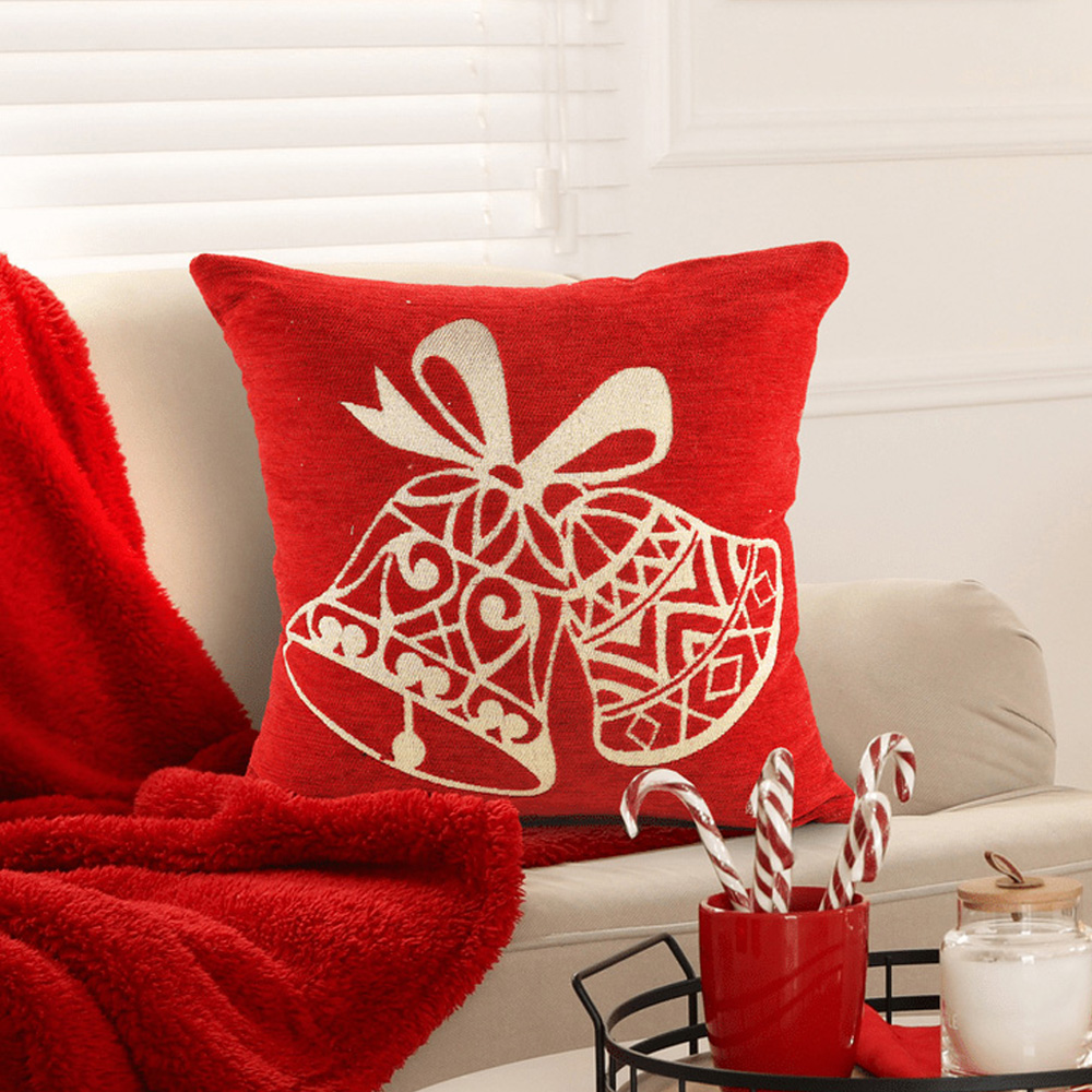 Noel Square Red Merry Bells Cotton Chenille Cushion 43 x 43cm Image 2
