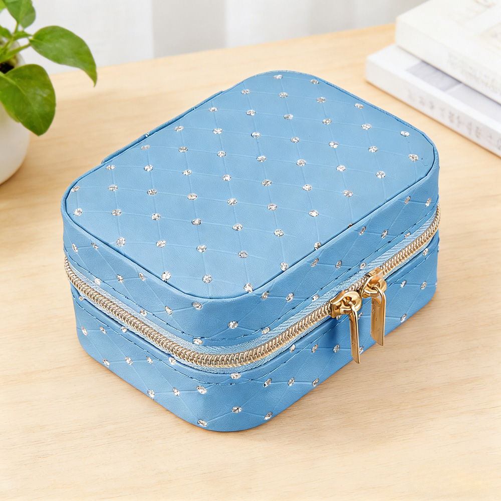 Living and Home Blue PU Leather Rhinestone Detailing Travel Jewellery Box Image 2