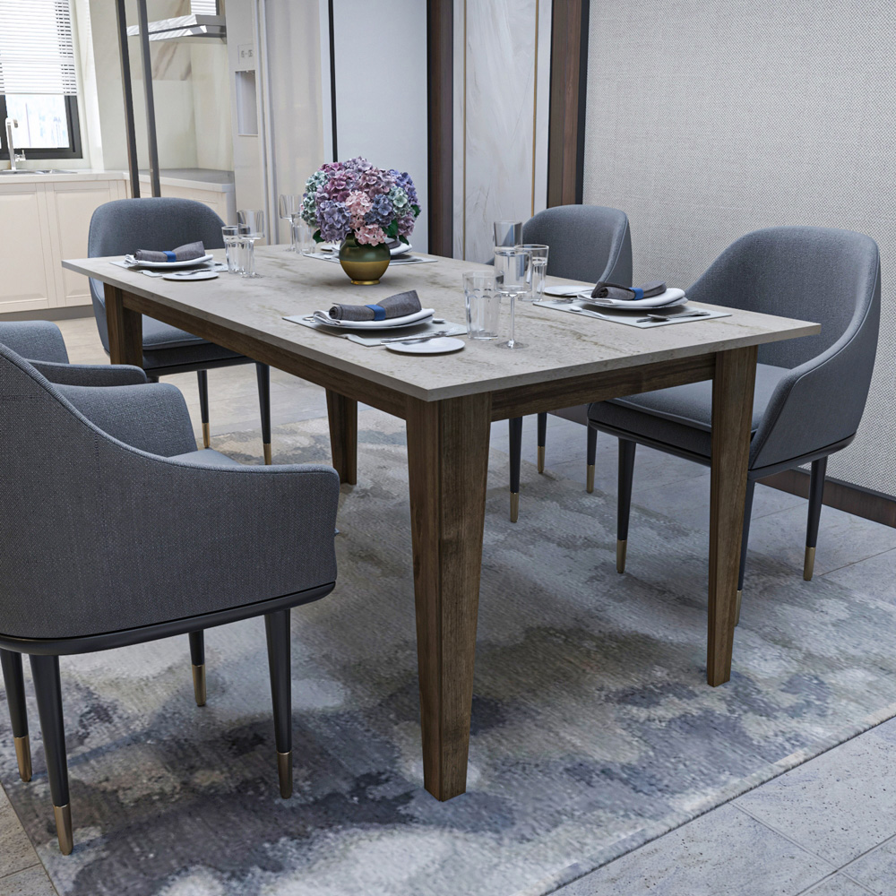 Decorotika Polka 6 Seater Marble Effect Modern Dining Table Walnut Traverter Image 4