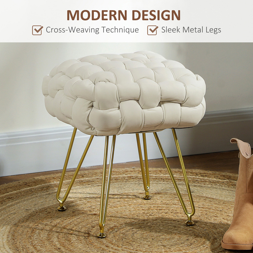HOMCOM Cream White Woven Velvet Footstool with Metal Legs Image 5