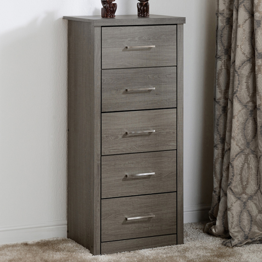 Seconique Lisbon 5 Drawer Black Wood Grain Narrow Chest of Drawers Image 1