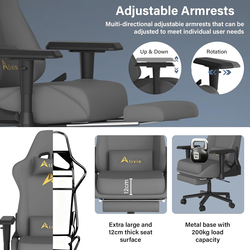 Alivio Grey Velvet Reclining Gaming Chair with Lumbar and Headrest Support Image 7