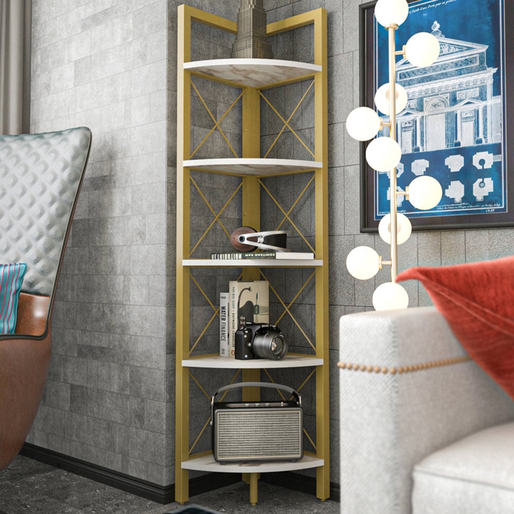 Decorotika Remo 5 Shelf White Marble Effect And Gold Metal Frame Corner Storage Rack Image 1