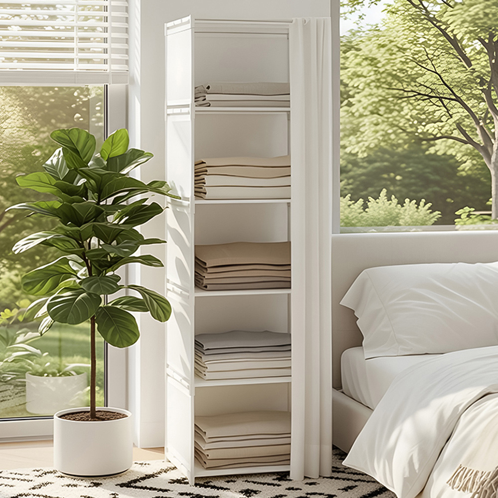Living and Home 5-Tier White Freestanding Portable Wardrobe with Curtain Image 1