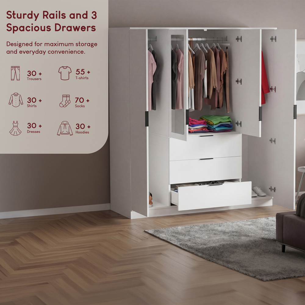 VIDA DESIGNS Trega 4 Door 3 Drawer White Mirrored Wardrobe Image 6