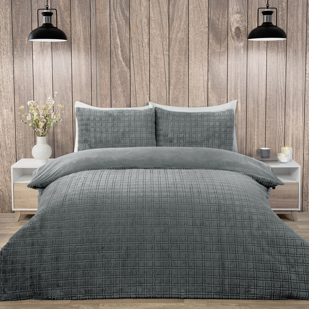 Check Faux Fur Duvet Set Grey Double Image 1