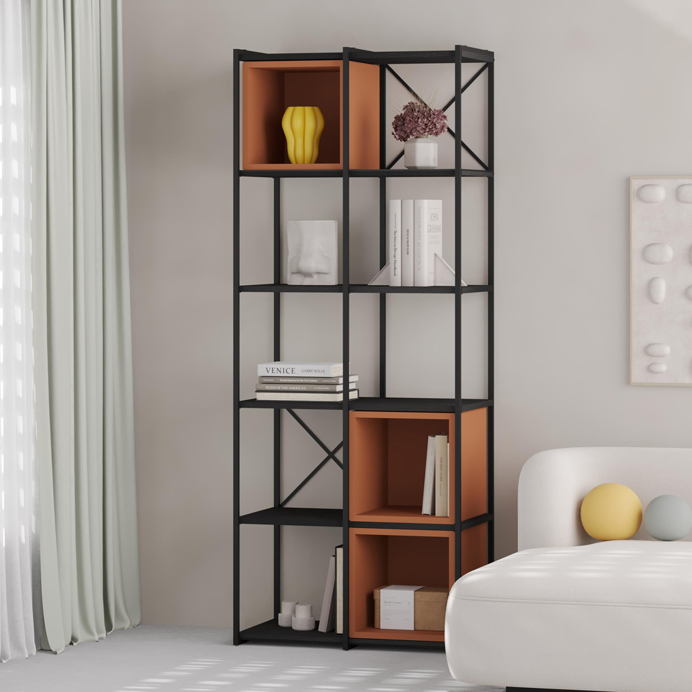 Decortie Vale Midi 10 Shelf Black Wood and Cinnamon Bookcase Image 5