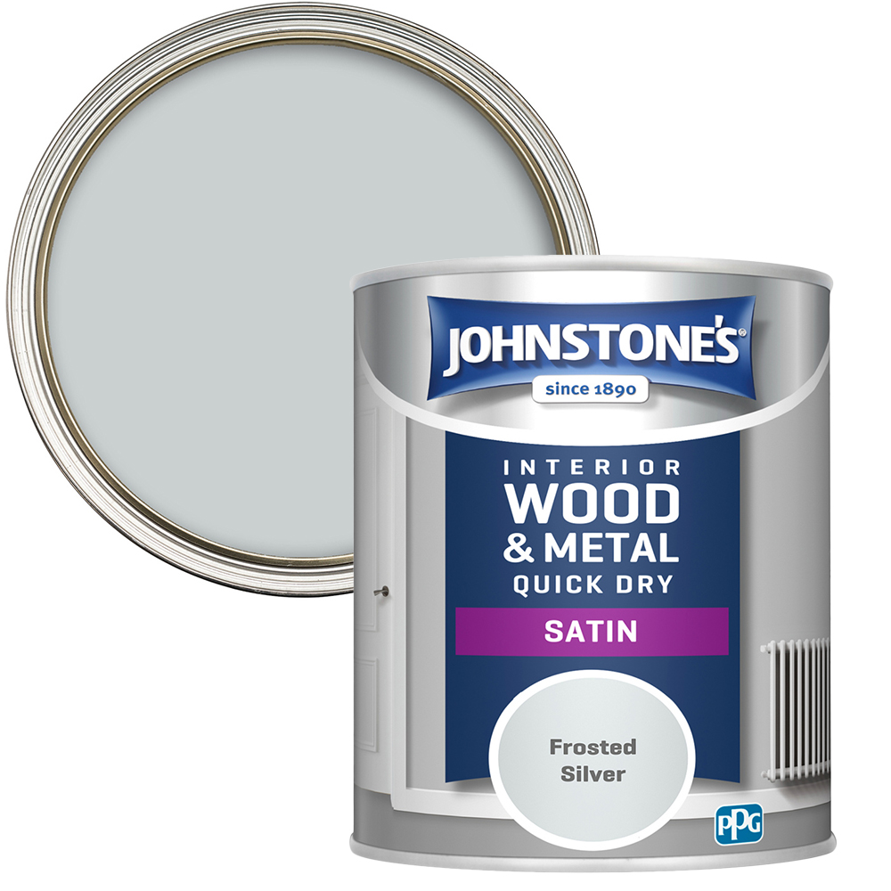 Johnstone's Quick Dry One Coat Wood and Metal Frosted Silver Satin Paint 750ml Image 1